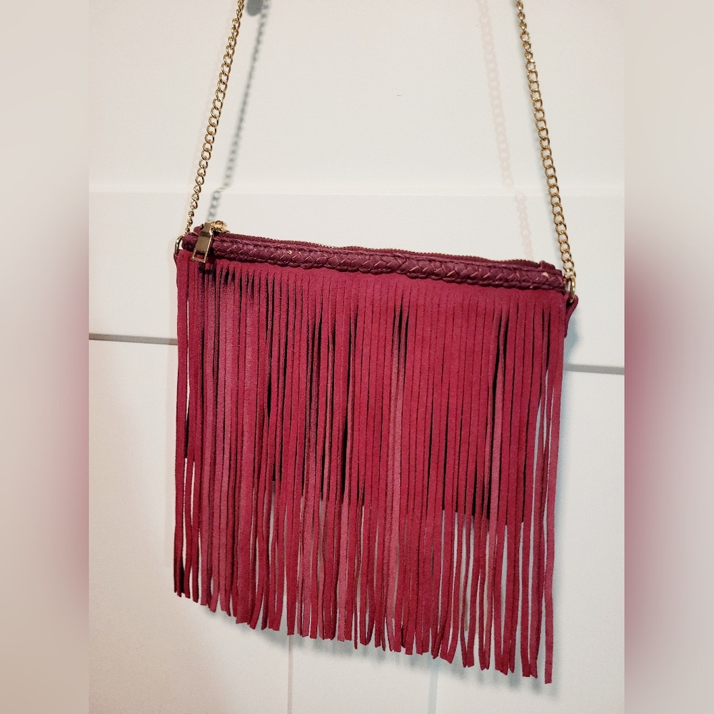 Moda Luxe Willa Crossbody Leather Fringe Braided Detail Magenta Western Boho